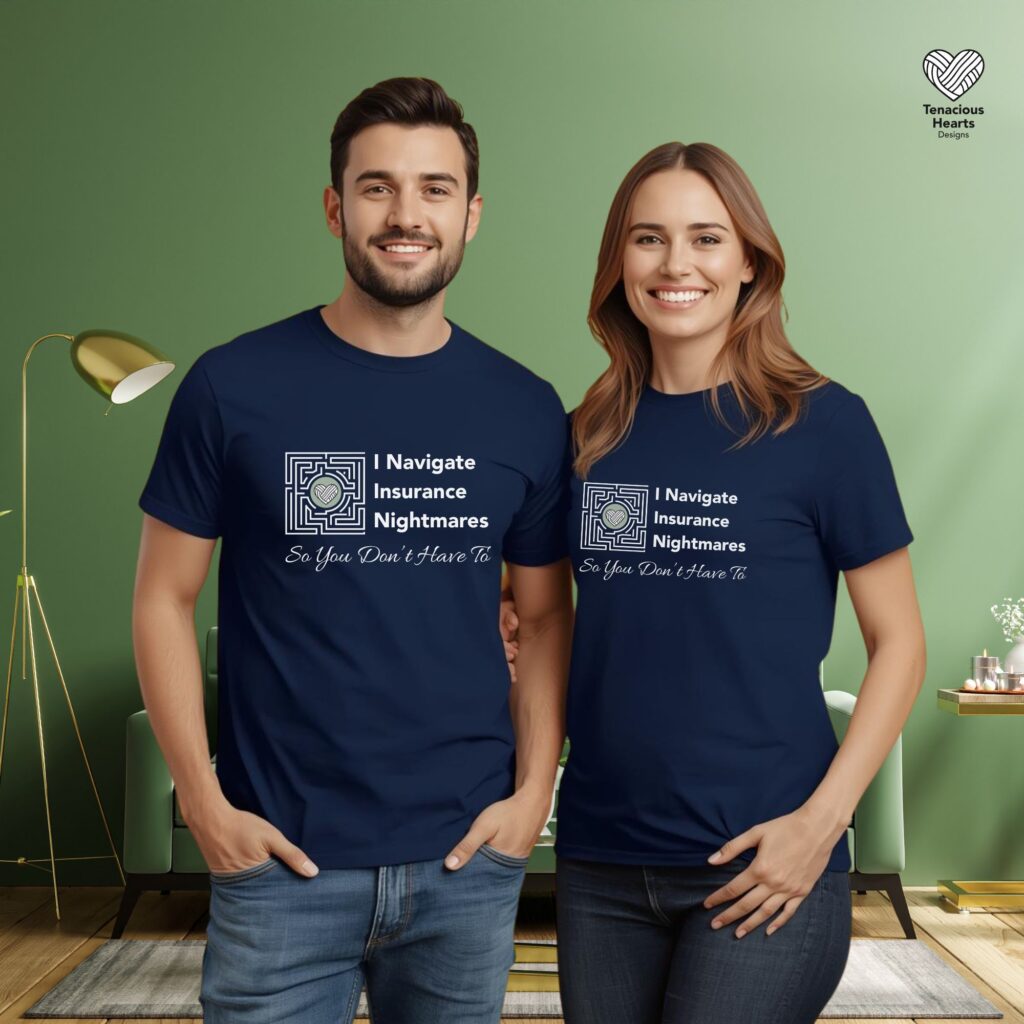 Navy t-shirts with oncology social worker appreciation message I Navigate Insurance Nightmares So You Don't Have To on sage green background