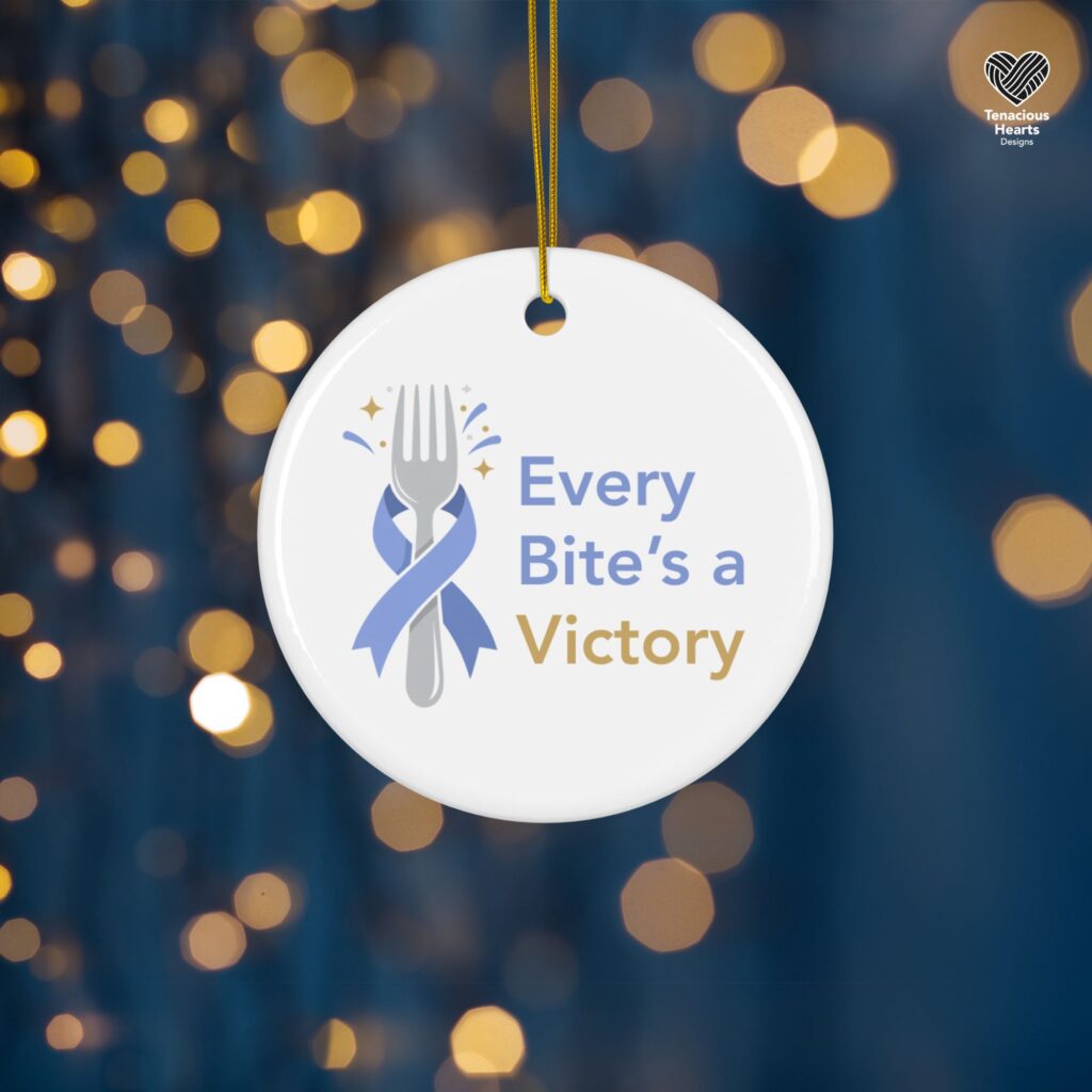 Esophageal cancer awareness ornament with periwinkle ribbon and Every Bite's a Victory message on bokeh light background